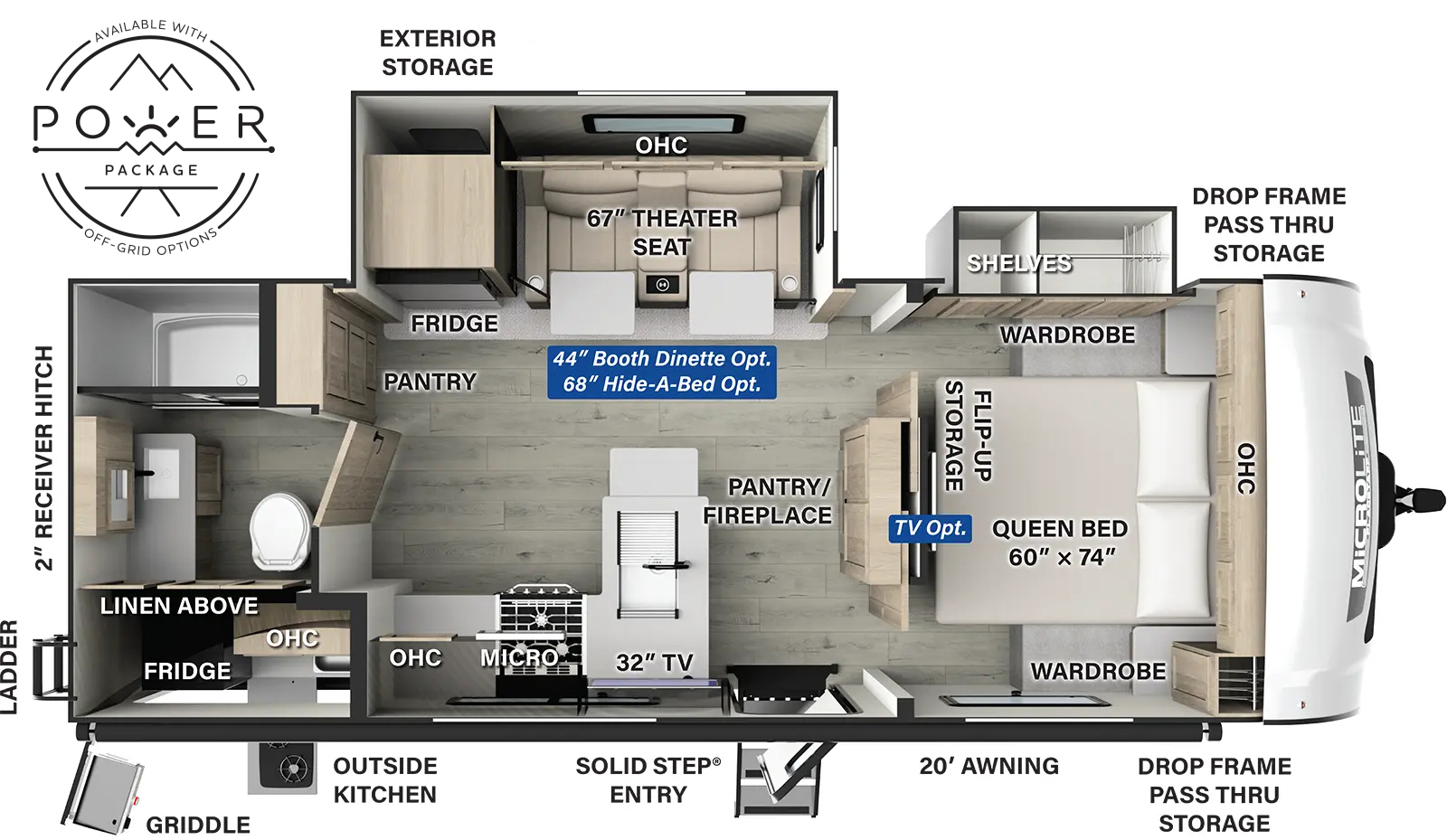 The Flagstaff Micro Lite 25BSDS has one entry and two slide outs. Exterior features include: fiberglass exterior, 20' awning and outside kitchen. Interiors features include: front bedroom.